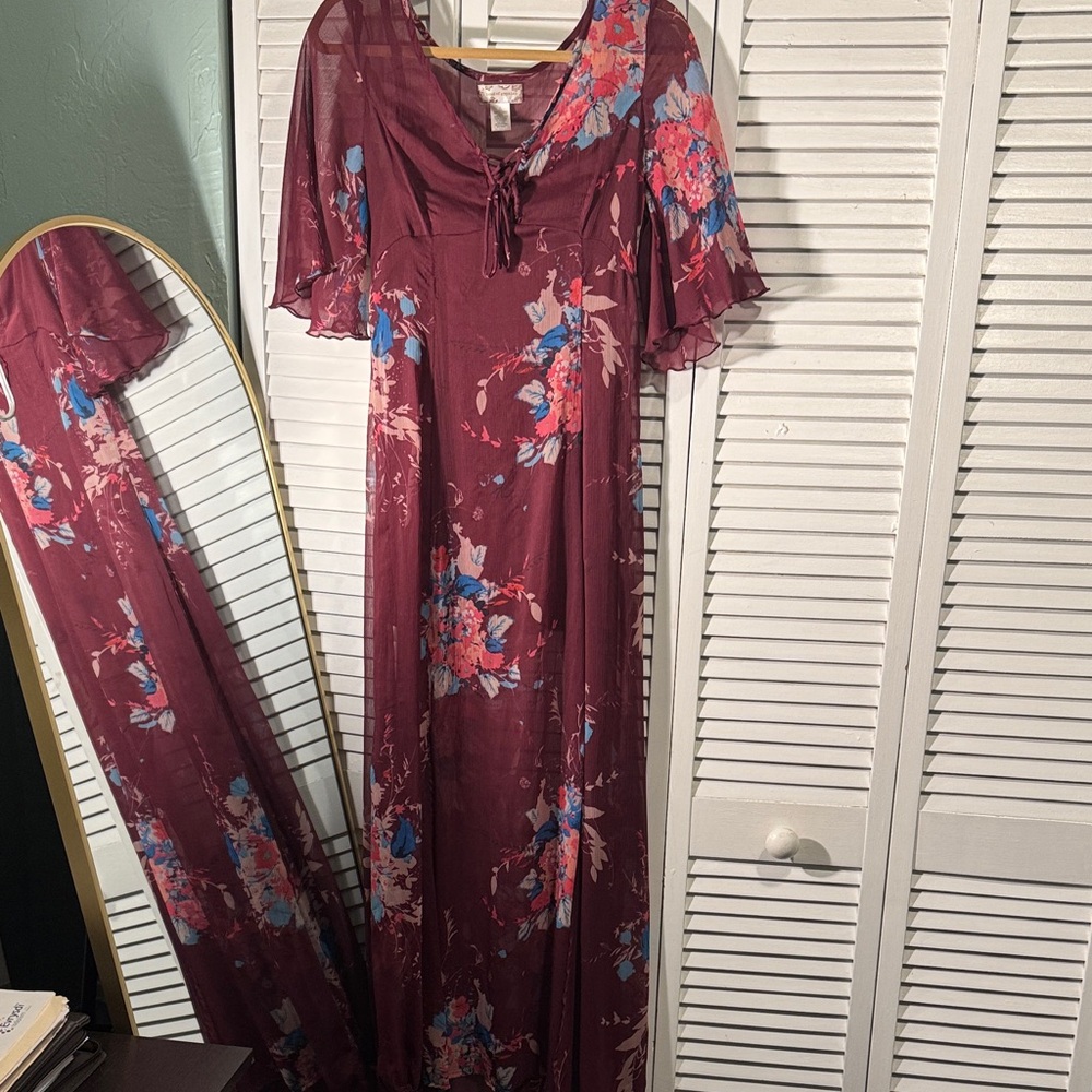 Band of Gypsies Burgundy and Blue Floral Maxi Dress